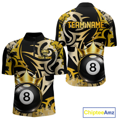 Gold Tribal Crown 8 Ball Pool Men Polo & 1/4-Zip Team Shirt Custom Billiards Ball Jerseys NYN2429