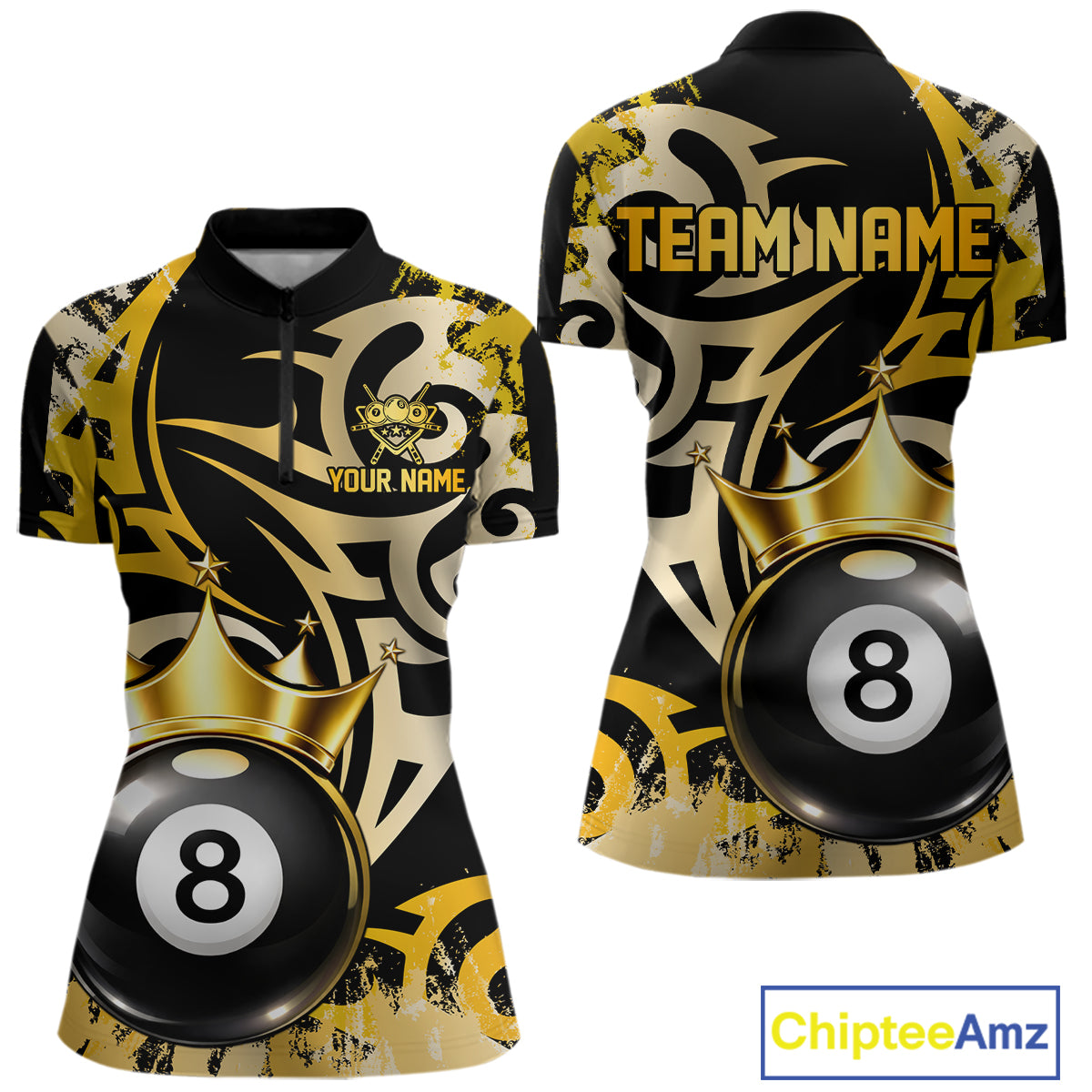 Gold Tribal Crown 8 Ball Pool Women Polo & 1/4-Zip Team Shirt Custom Billiards Ball Jerseys NYN2429
