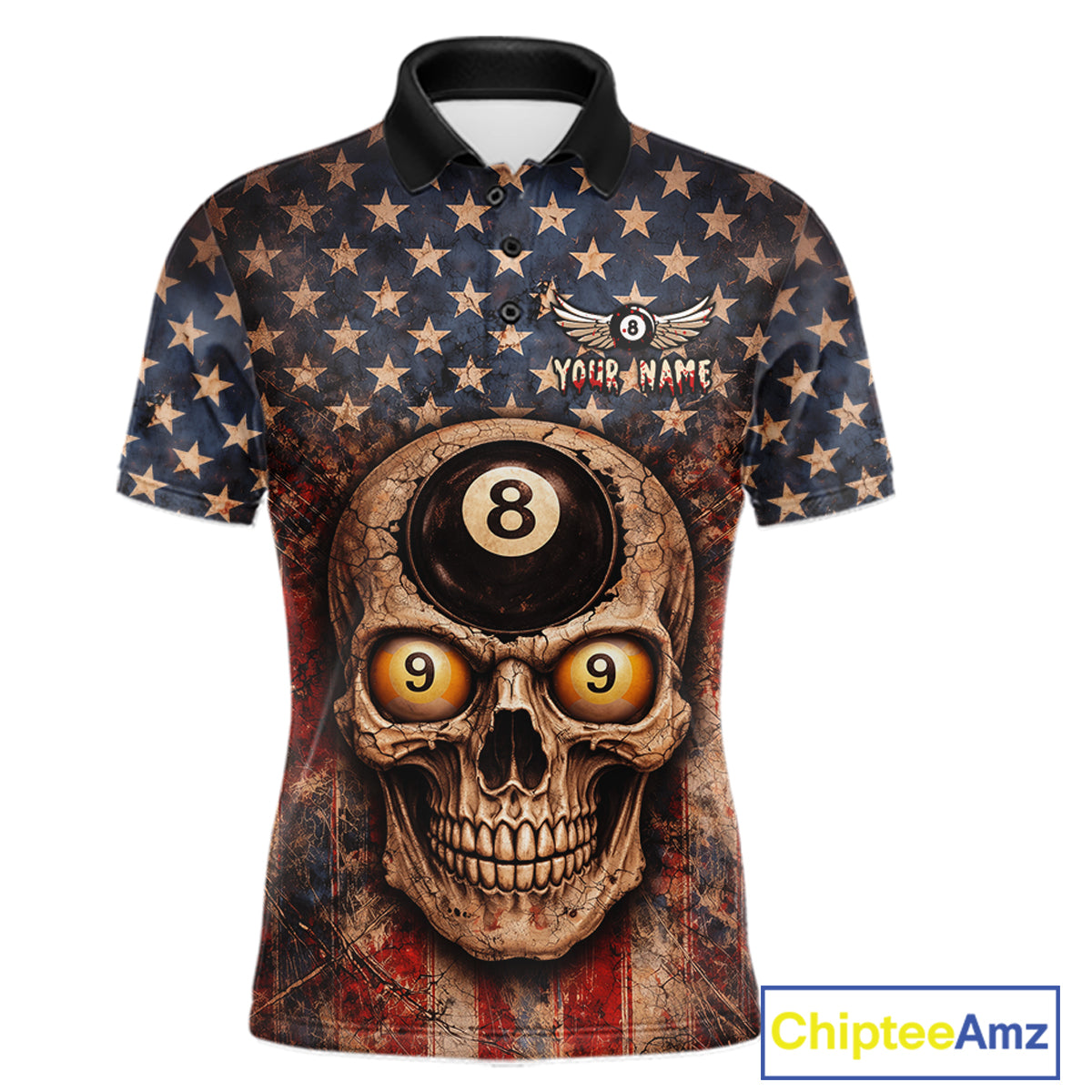 Retro American Flag Skull Pool 8 Ball & 9 Ball Men Billiard Shirt Personalized Balls Billiard Shirts NYN2654