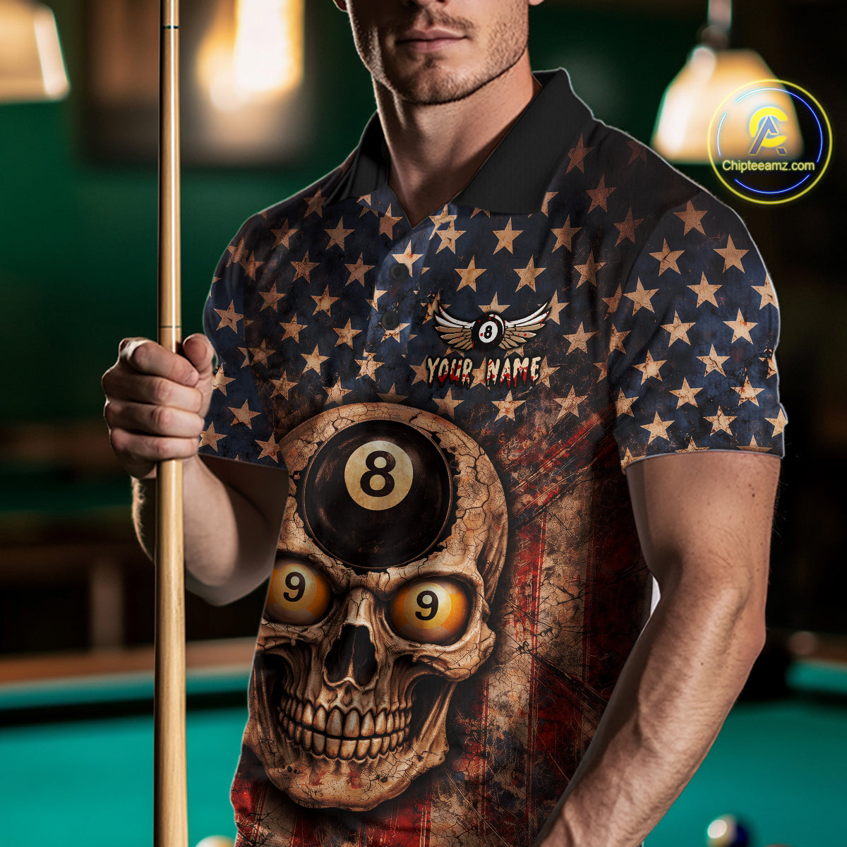 Retro American Flag Skull Pool 8 Ball & 9 Ball Men Billiard Shirt Personalized Balls Billiard Shirts NYN2654