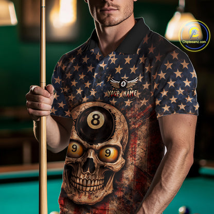Retro American Flag Skull Pool 8 Ball & 9 Ball Men Billiard Shirt Personalized Balls Billiard Shirts NYN2654