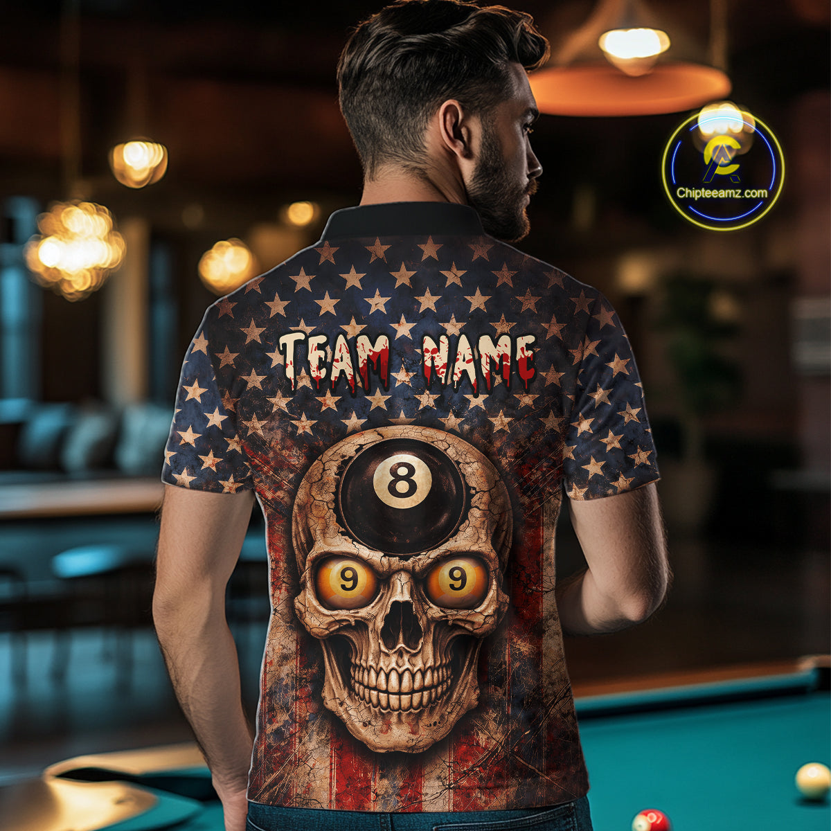 Retro American Flag Skull Pool 8 Ball & 9 Ball Men Billiard Shirt Personalized Balls Billiard Shirts NYN2654