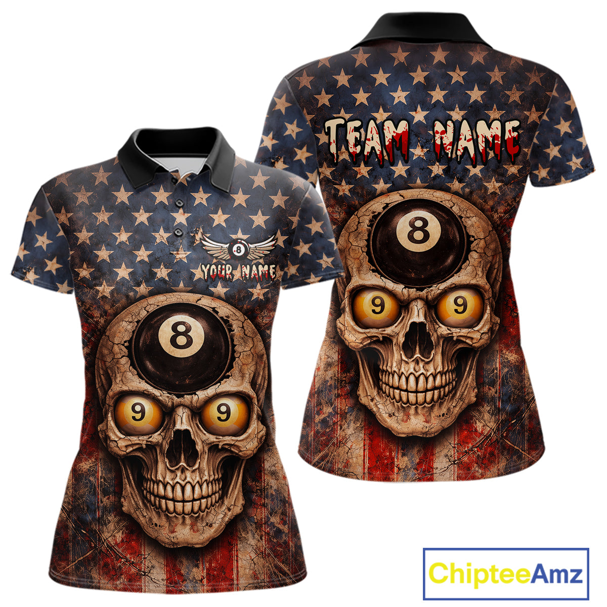 Retro American Flag Skull Pool 8 Ball & 9 Ball Women Billiard Shirt Personalized Balls Billiard Shirts NYN2654
