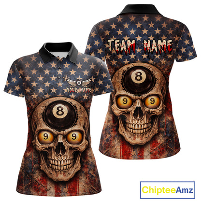 Retro American Flag Skull Pool 8 Ball & 9 Ball Women Billiard Shirt Personalized Balls Billiard Shirts NYN2654