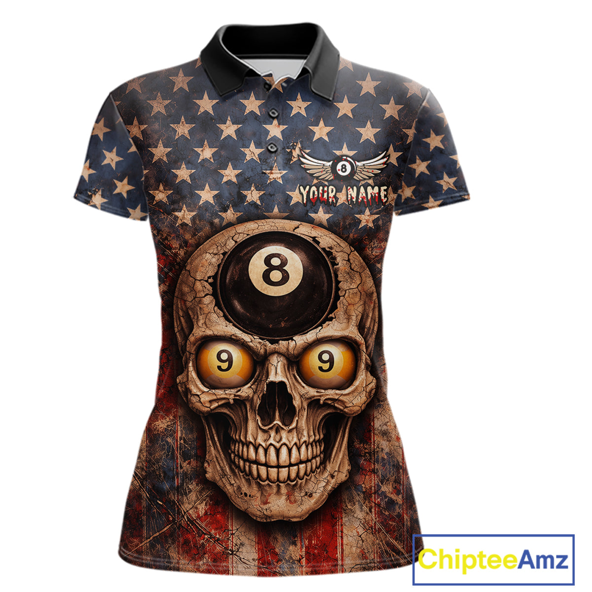 Retro American Flag Skull Pool 8 Ball & 9 Ball Women Billiard Shirt Personalized Balls Billiard Shirts NYN2654