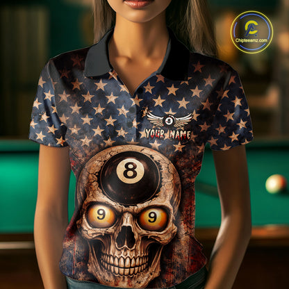 Retro American Flag Skull Pool 8 Ball & 9 Ball Women Billiard Shirt Personalized Balls Billiard Shirts NYN2654