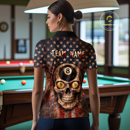 Retro American Flag Skull Pool 8 Ball & 9 Ball Women Billiard Shirt Personalized Balls Billiard Shirts NYN2654