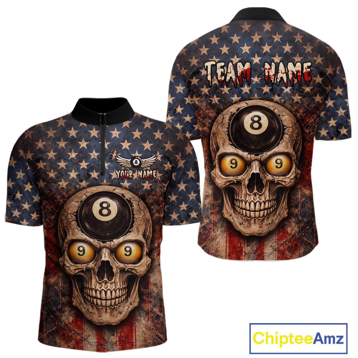 Retro American Flag Skull Pool 8 Ball & 9 Ball Men Billiard Shirt Personalized Balls Billiard Shirts NYN2654