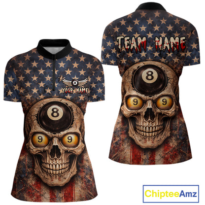 Retro American Flag Skull Pool 8 Ball & 9 Ball Women Billiard Shirt Personalized Balls Billiard Shirts NYN2654
