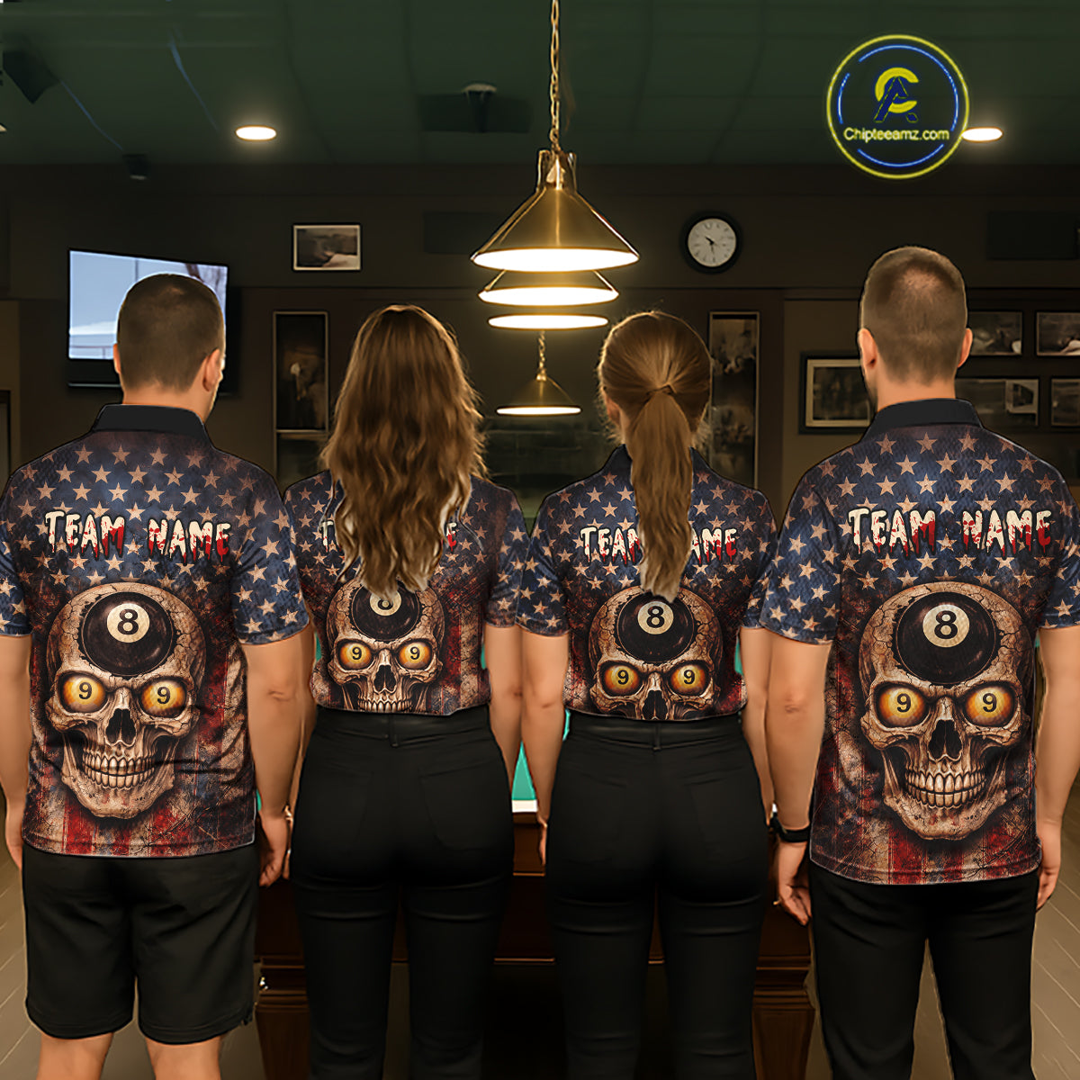 Retro American Flag Skull Pool 8 Ball & 9 Ball Women Billiard Shirt Personalized Balls Billiard Shirts NYN2654