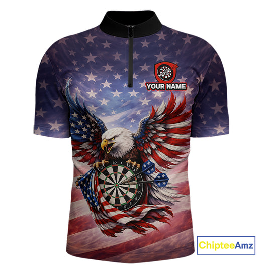 American Flag Eagle Dartboard & Arrow Men Darts Quarter-Zip Shirt Custom Patriotic Dart Team Shirt NYN2659