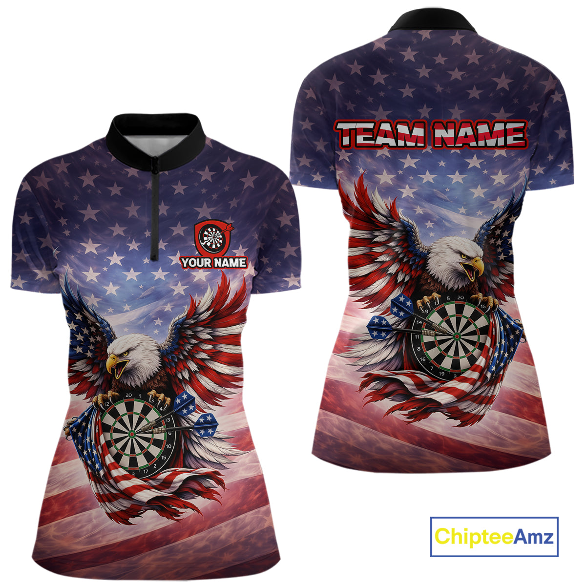 American Flag Eagle Dartboard & Arrow Women Darts Quarter-Zip Shirt Custom Patriotic Dart Team Shirt NYN2659