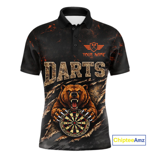 Personalized Funny Bear Grunge Camouflage Darts Polo & 1/4-Zip Shirts For Men Dart Team Jerseys NYN2814