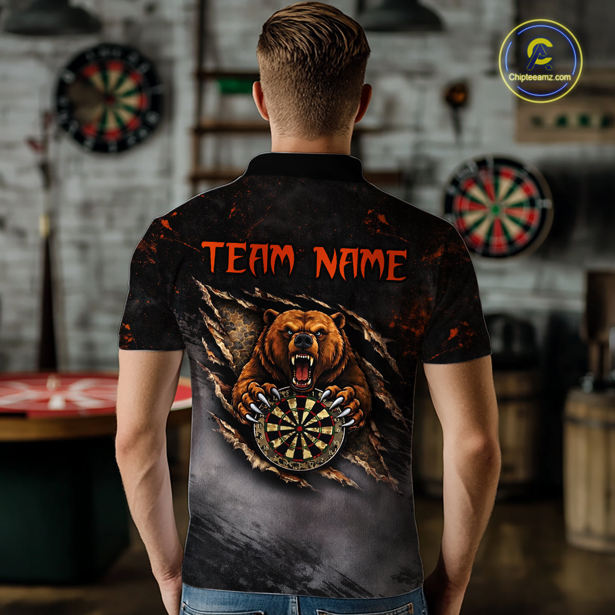 Personalized Funny Bear Grunge Camouflage Darts Polo & 1/4-Zip Shirts For Men Dart Team Jerseys NYN2814