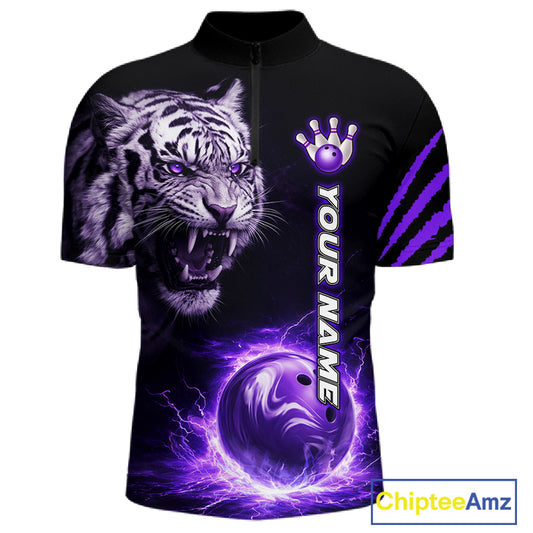 Purple Flames Tiger Custom Men Bowling Polo & Quarter-Zip Shirts Flame Bowling Team Jerseys NYN3012
