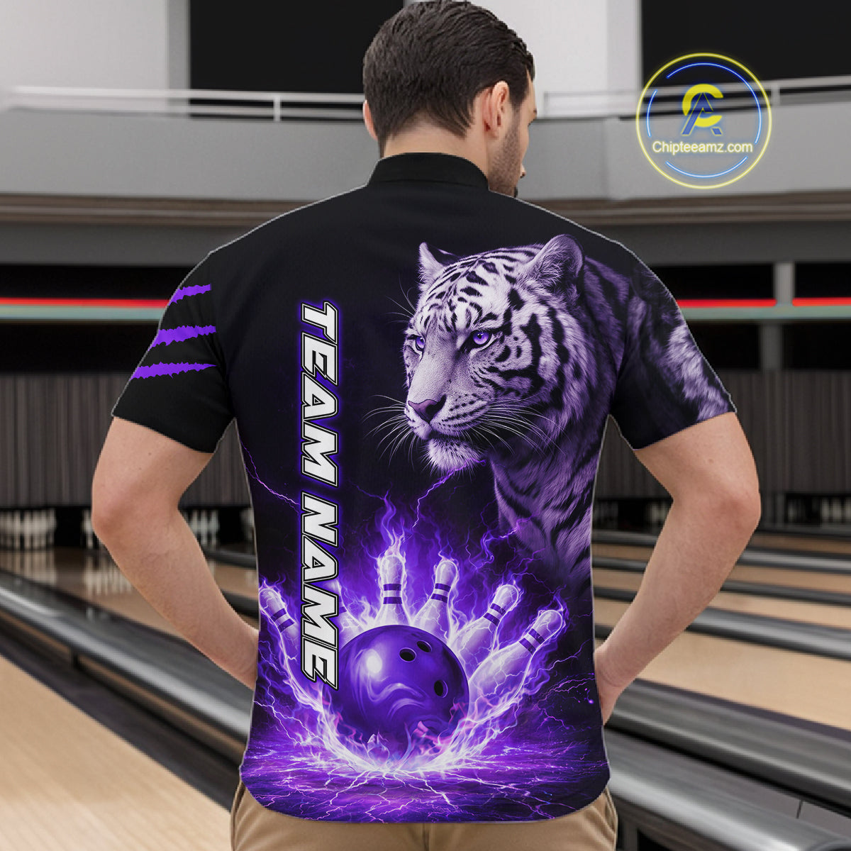 Purple Flames Tiger Custom Men Bowling Polo & Quarter-Zip Shirts Flame Bowling Team Jerseys NYN3012