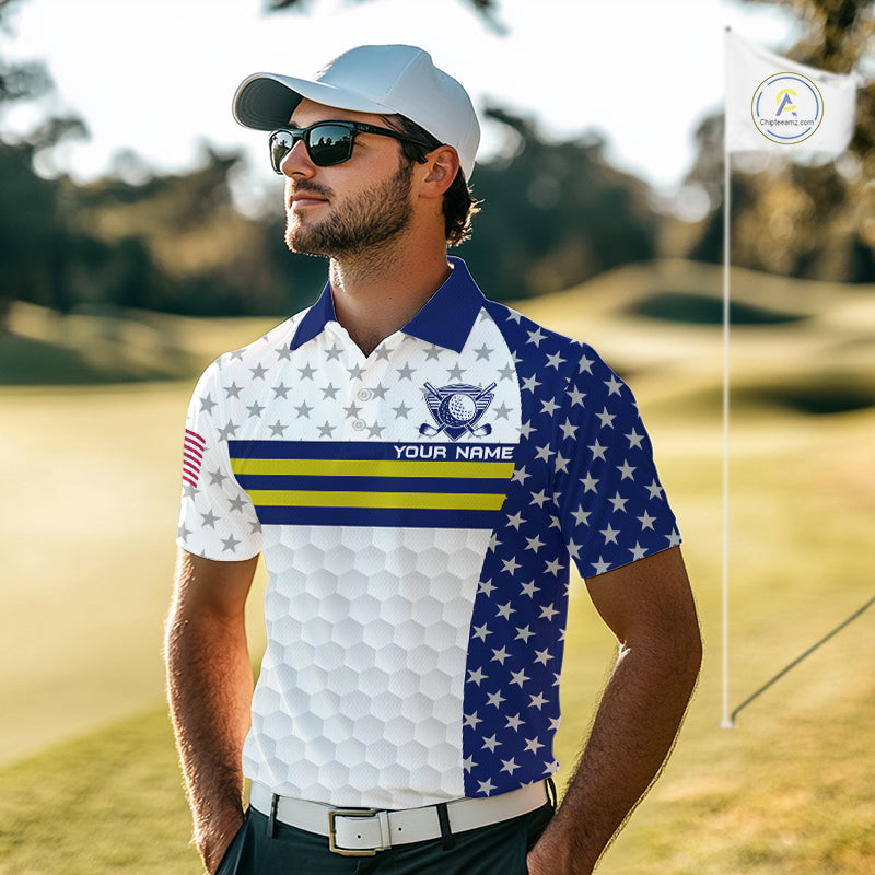 American Flag Mens Golf Polo Shirt Custom Yellow And Blue Patriotic Golf Team Shirt Golf Tops NYN4042