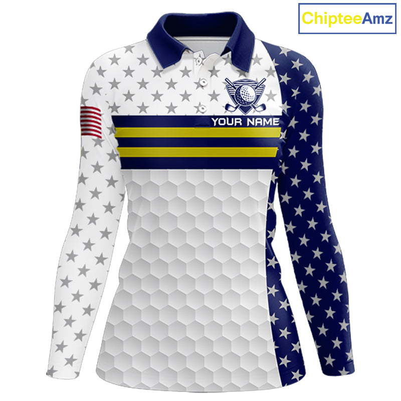 American Flag Womens Golf Polo Shirt Custom Yellow And Blue Patriotic Golf Team Shirt Golf Tops NYN4042