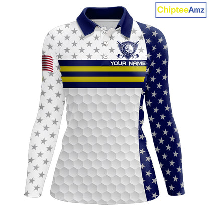 American Flag Womens Golf Polo Shirt Custom Yellow And Blue Patriotic Golf Team Shirt Golf Tops NYN4042