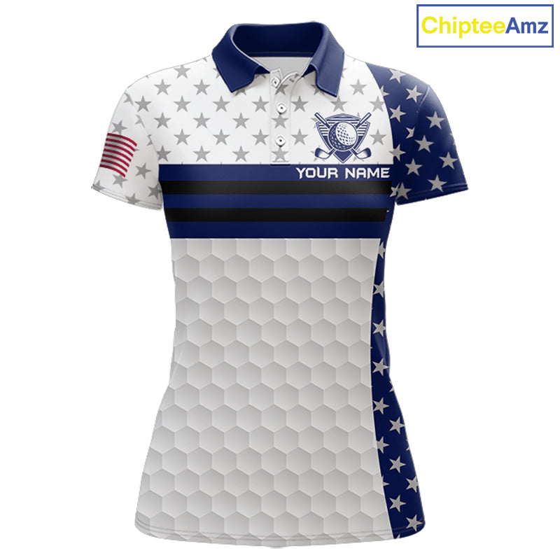 American Flag Womens Golf Polo Shirt Custom Black And Blue Patriotic Golf Team Shirt Golf Tops NYN4043