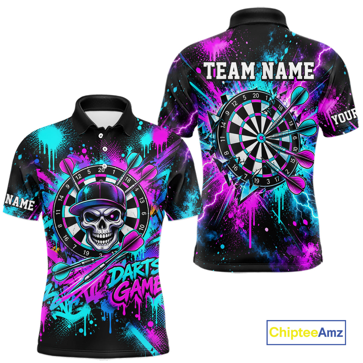 Skull Graffiti Darts Polo 1/4-Zip Shirt For Men Purple Blue Thunder Cracked Darts Team Apparel Jersey NYN4786