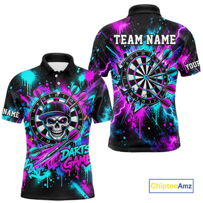 Skull Graffiti Darts Polo 1/4-Zip Shirt For Men Purple Blue Thunder Cracked Darts Team Apparel Jersey NYN4786