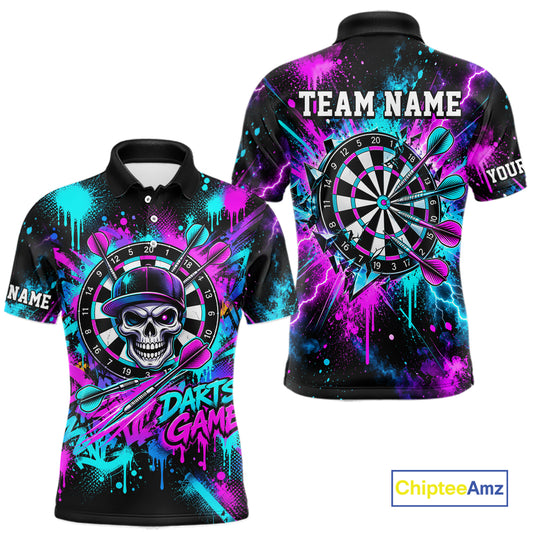 Skull Graffiti Darts Polo 1/4-Zip Shirt For Men Purple Blue Thunder Cracked Darts Team Apparel Jersey NYN4786