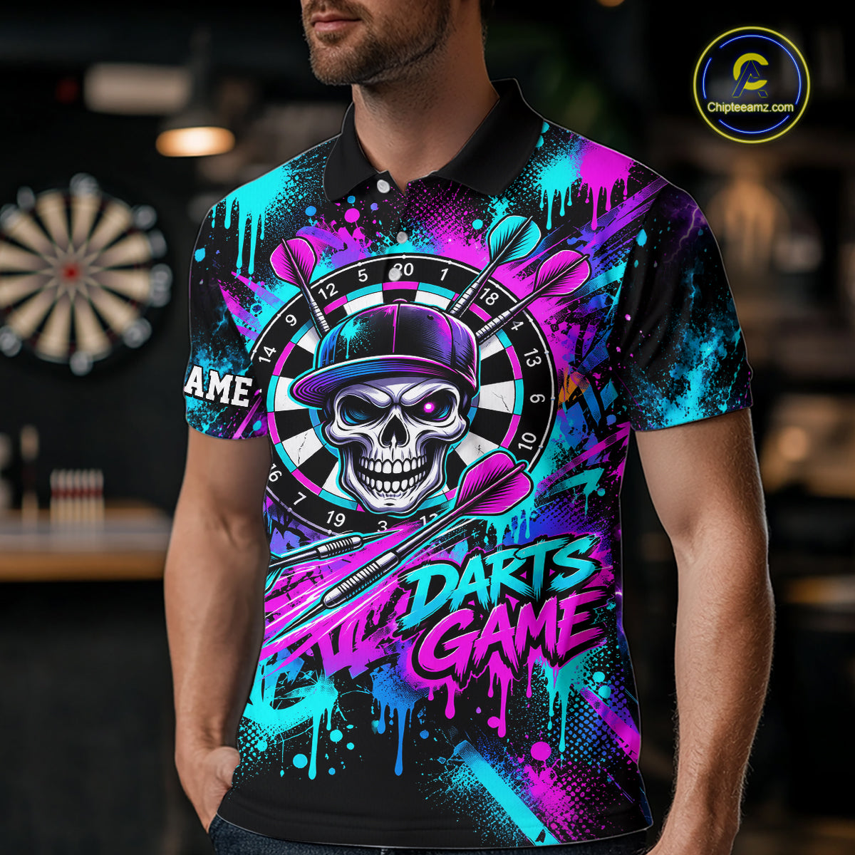 Skull Graffiti Darts Polo 1/4-Zip Shirt For Men Purple Blue Thunder Cracked Darts Team Apparel Jersey NYN4786