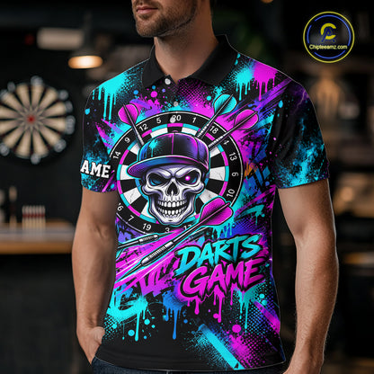 Skull Graffiti Darts Polo 1/4-Zip Shirt For Men Purple Blue Thunder Cracked Darts Team Apparel Jersey NYN4786