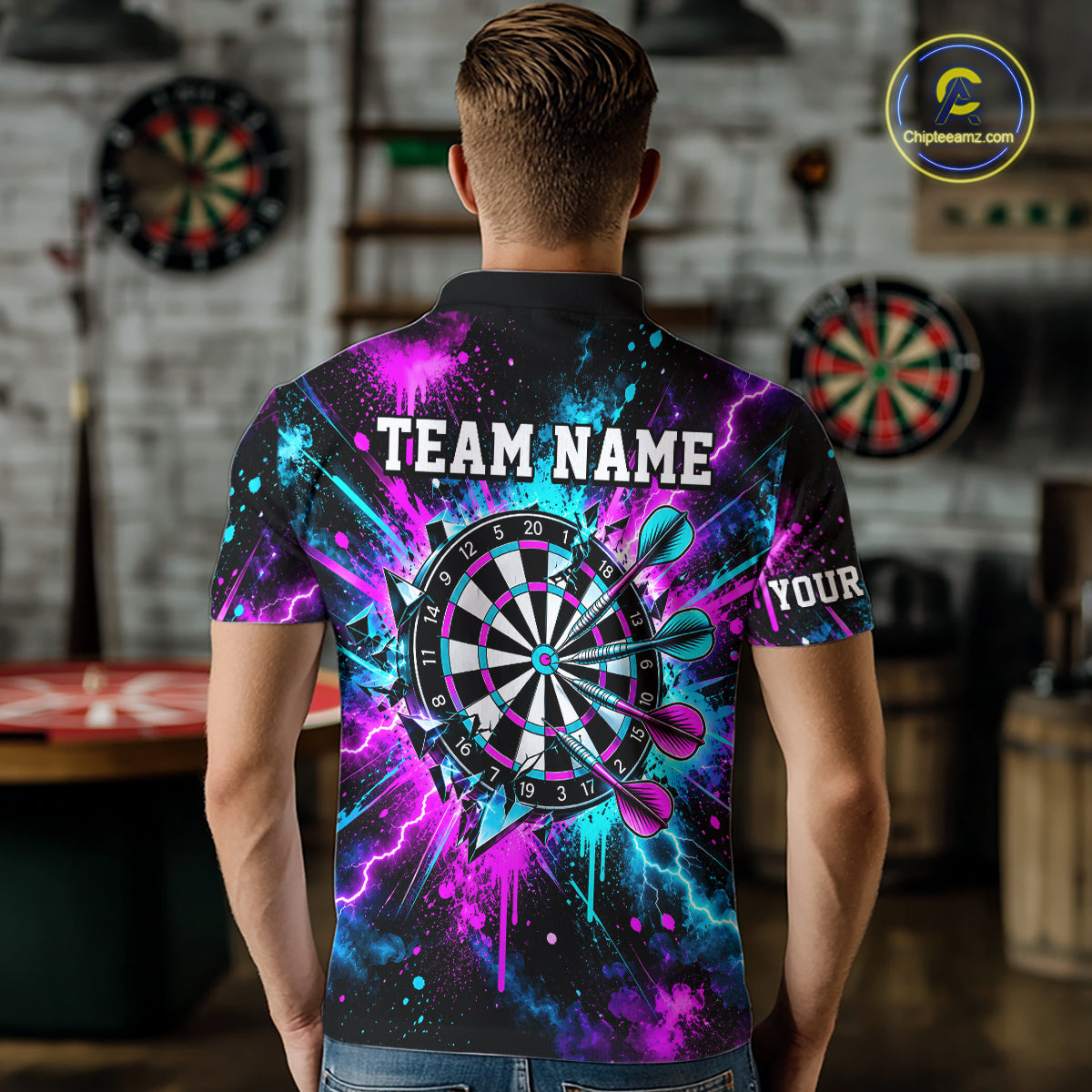 Skull Graffiti Darts Polo 1/4-Zip Shirt For Men Purple Blue Thunder Cracked Darts Team Apparel Jersey NYN4786