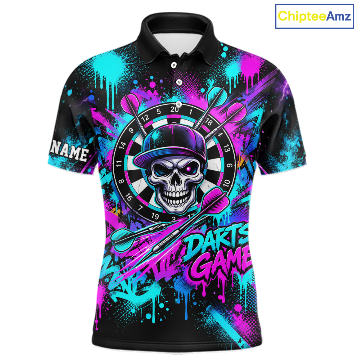 Skull Graffiti Darts Polo 1/4-Zip Shirt For Men Purple Blue Thunder Cracked Darts Team Apparel Jersey NYN4786
