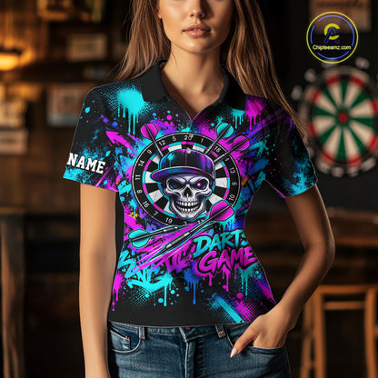 Skull Graffiti Darts Polo 1/4-Zip Shirt For Women Purple Blue Thunder Cracked Darts Team Apparel Jersey NYN4786