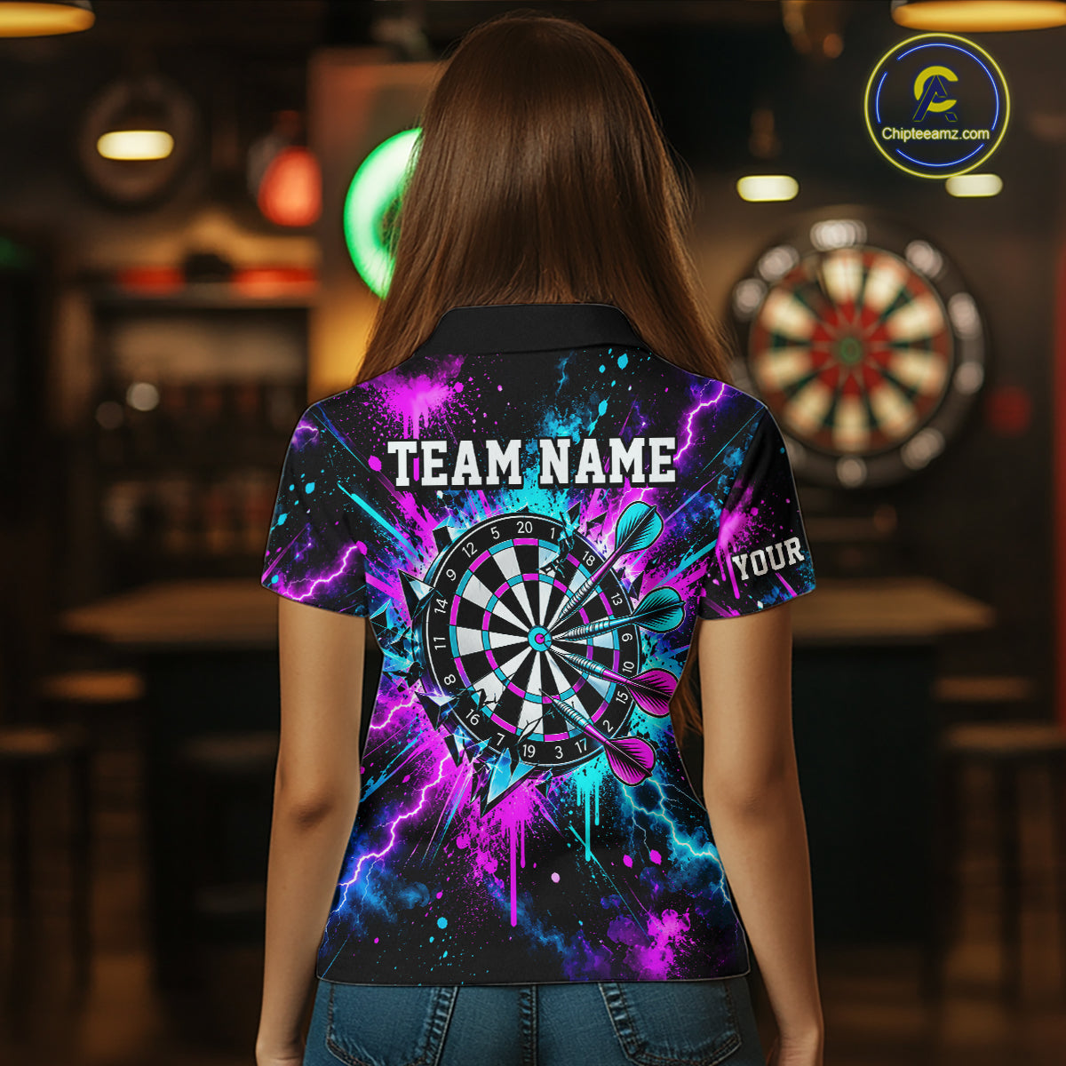 Skull Graffiti Darts Polo 1/4-Zip Shirt For Women Purple Blue Thunder Cracked Darts Team Apparel Jersey NYN4786