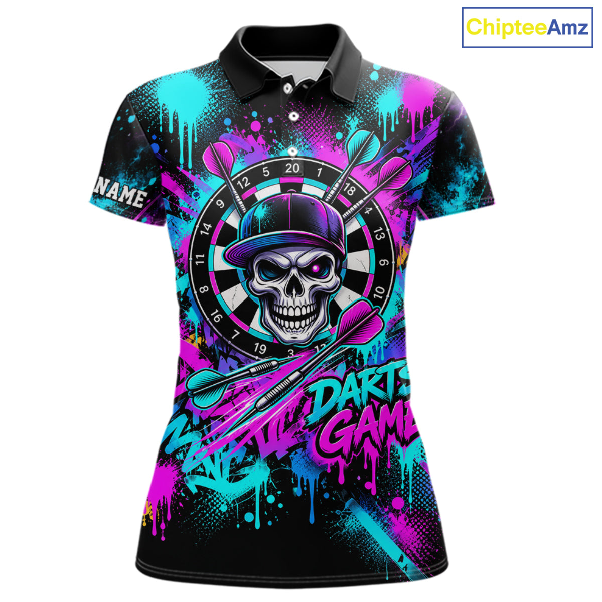Skull Graffiti Darts Polo 1/4-Zip Shirt For Women Purple Blue Thunder Cracked Darts Team Apparel Jersey NYN4786