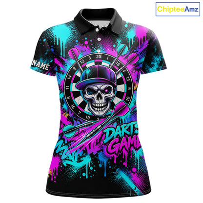 Skull Graffiti Darts Polo 1/4-Zip Shirt For Women Purple Blue Thunder Cracked Darts Team Apparel Jersey NYN4786