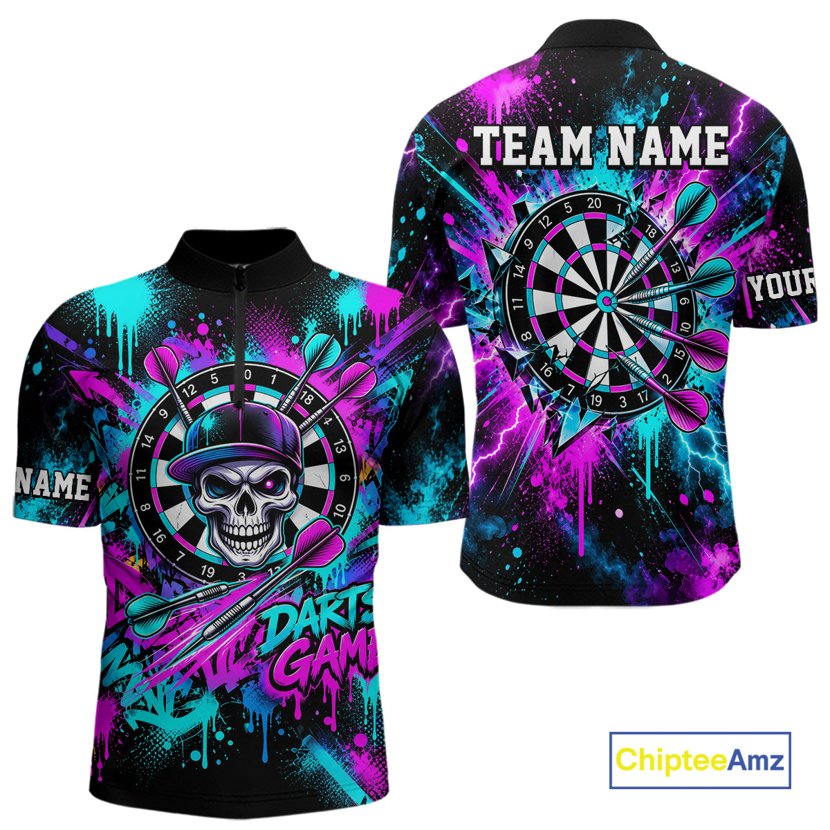 Skull Graffiti Darts Polo 1/4-Zip Shirt For Men Purple Blue Thunder Cracked Darts Team Apparel Jersey NYN4786