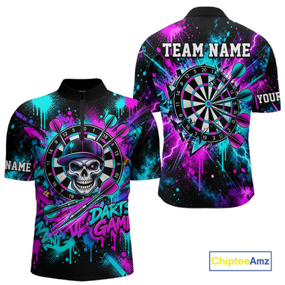 Skull Graffiti Darts Polo 1/4-Zip Shirt For Men Purple Blue Thunder Cracked Darts Team Apparel Jersey NYN4786