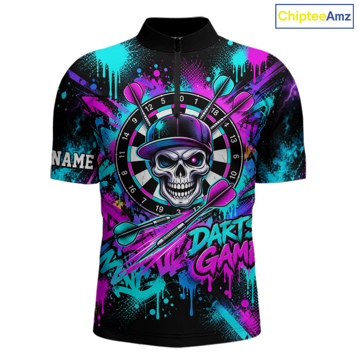 Skull Graffiti Darts Polo 1/4-Zip Shirt For Men Purple Blue Thunder Cracked Darts Team Apparel Jersey NYN4786