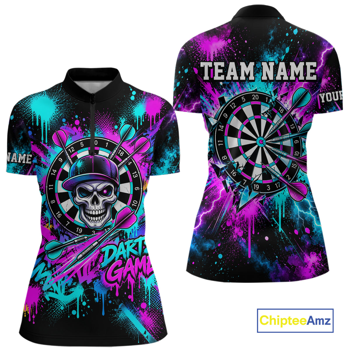 Skull Graffiti Darts Polo 1/4-Zip Shirt For Women Purple Blue Thunder Cracked Darts Team Apparel Jersey NYN4786