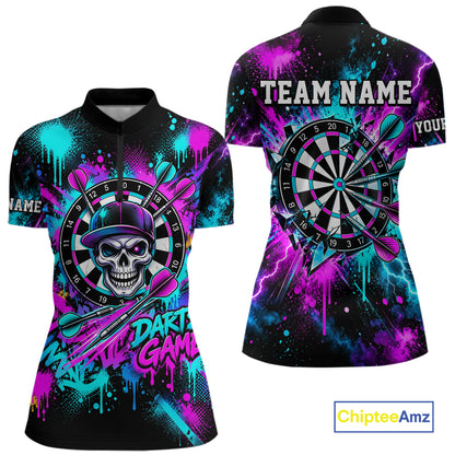 Skull Graffiti Darts Polo 1/4-Zip Shirt For Women Purple Blue Thunder Cracked Darts Team Apparel Jersey NYN4786