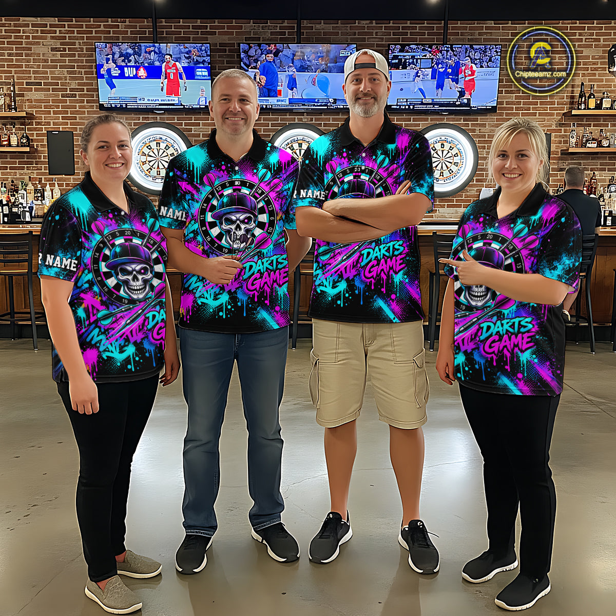 Skull Graffiti Darts Polo 1/4-Zip Shirt For Men Purple Blue Thunder Cracked Darts Team Apparel Jersey NYN4786