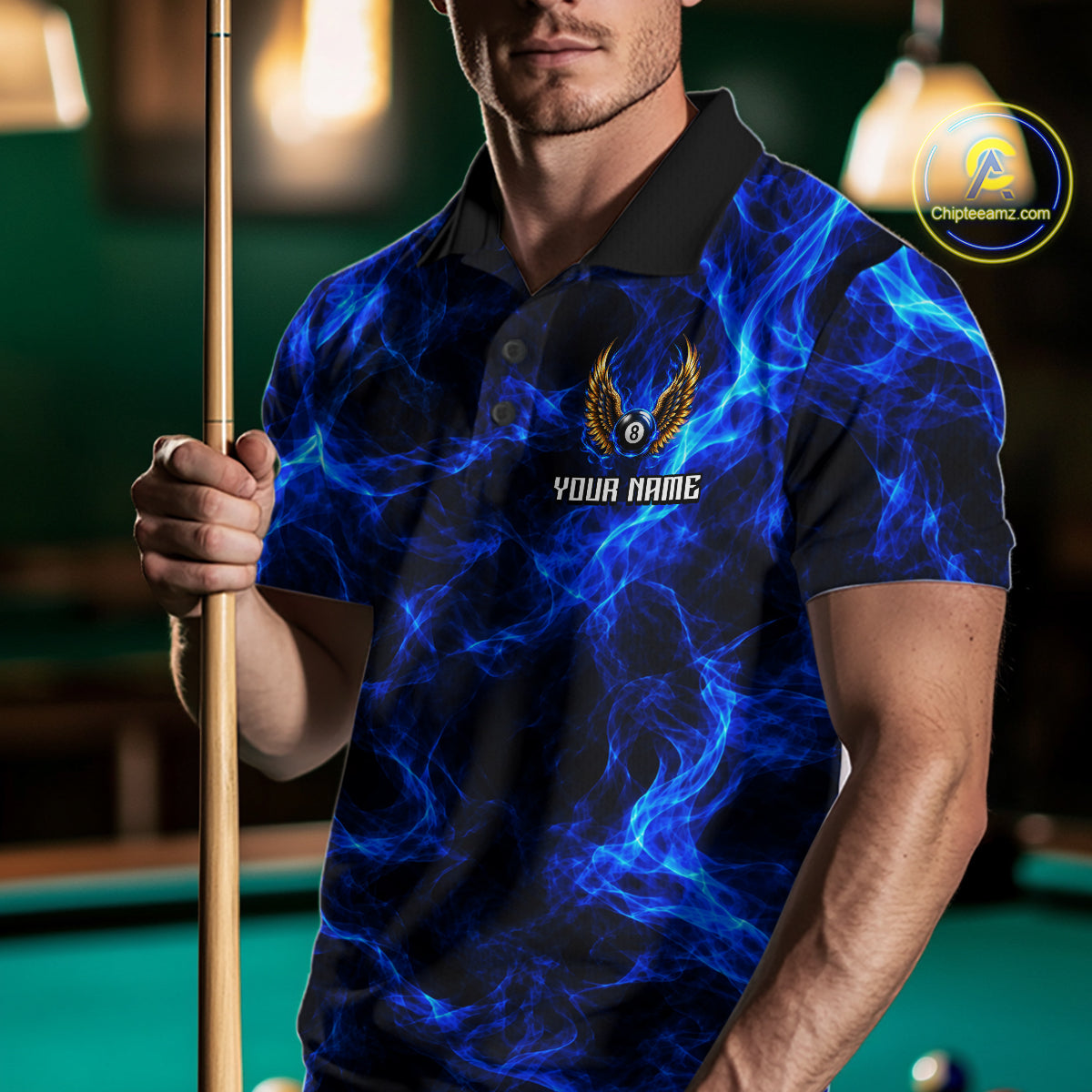 Custom Eagle Wings 8 Ball Billiard Polo 1/4-Zip Shirt For Men Blue Smoke League Billiard Team Apparel NYN4796