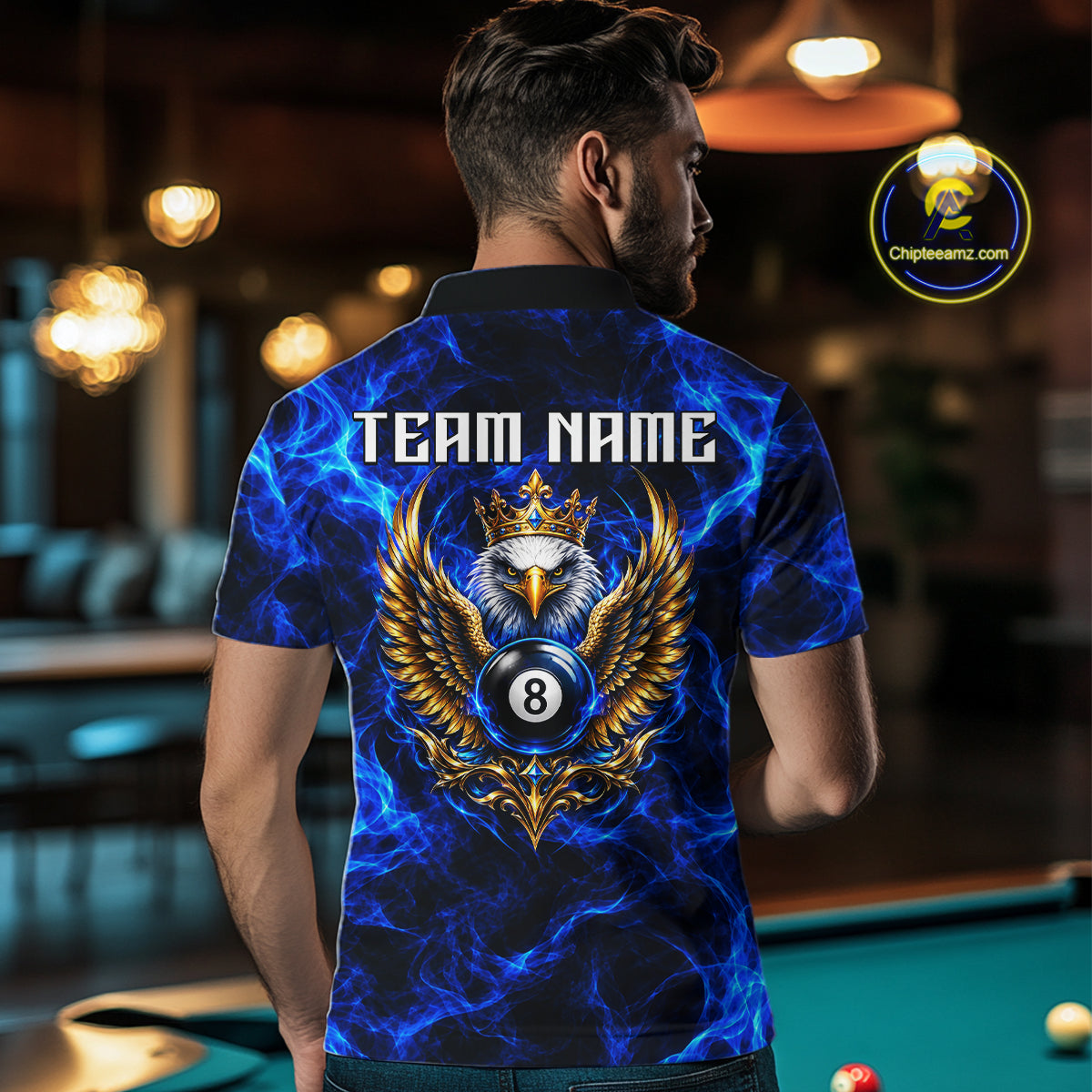 Custom Eagle Wings 8 Ball Billiard Polo 1/4-Zip Shirt For Men Blue Smoke League Billiard Team Apparel NYN4796