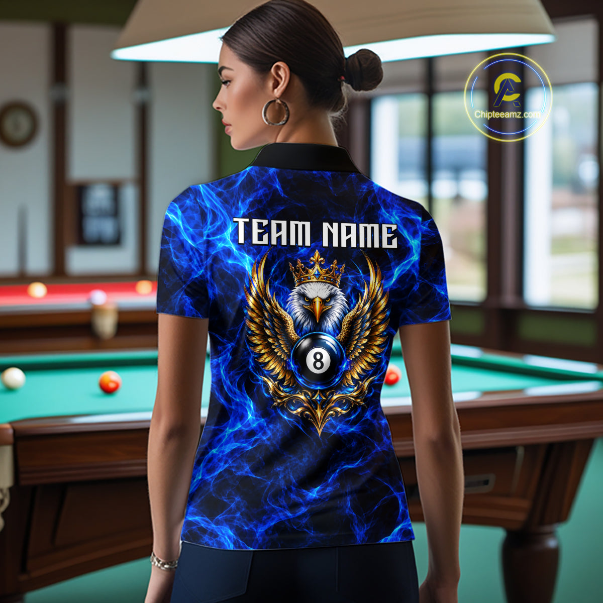 Custom Eagle Wings 8 Ball Billiard Polo 1/4-Zip Shirt For Women Blue Smoke League Billiard Team Apparel NYN4796