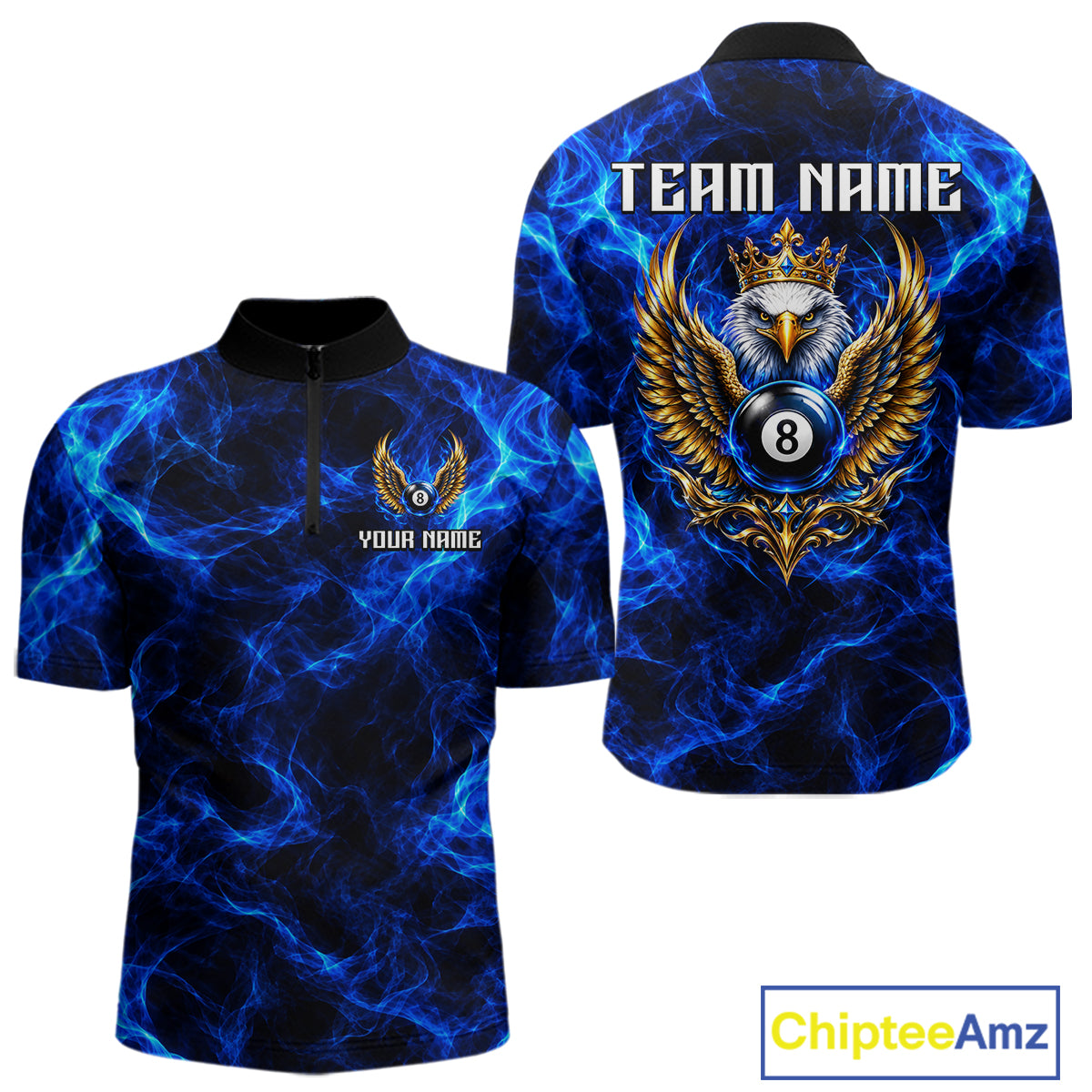 Custom Eagle Wings 8 Ball Billiard Polo 1/4-Zip Shirt For Men Blue Smoke League Billiard Team Apparel NYN4796
