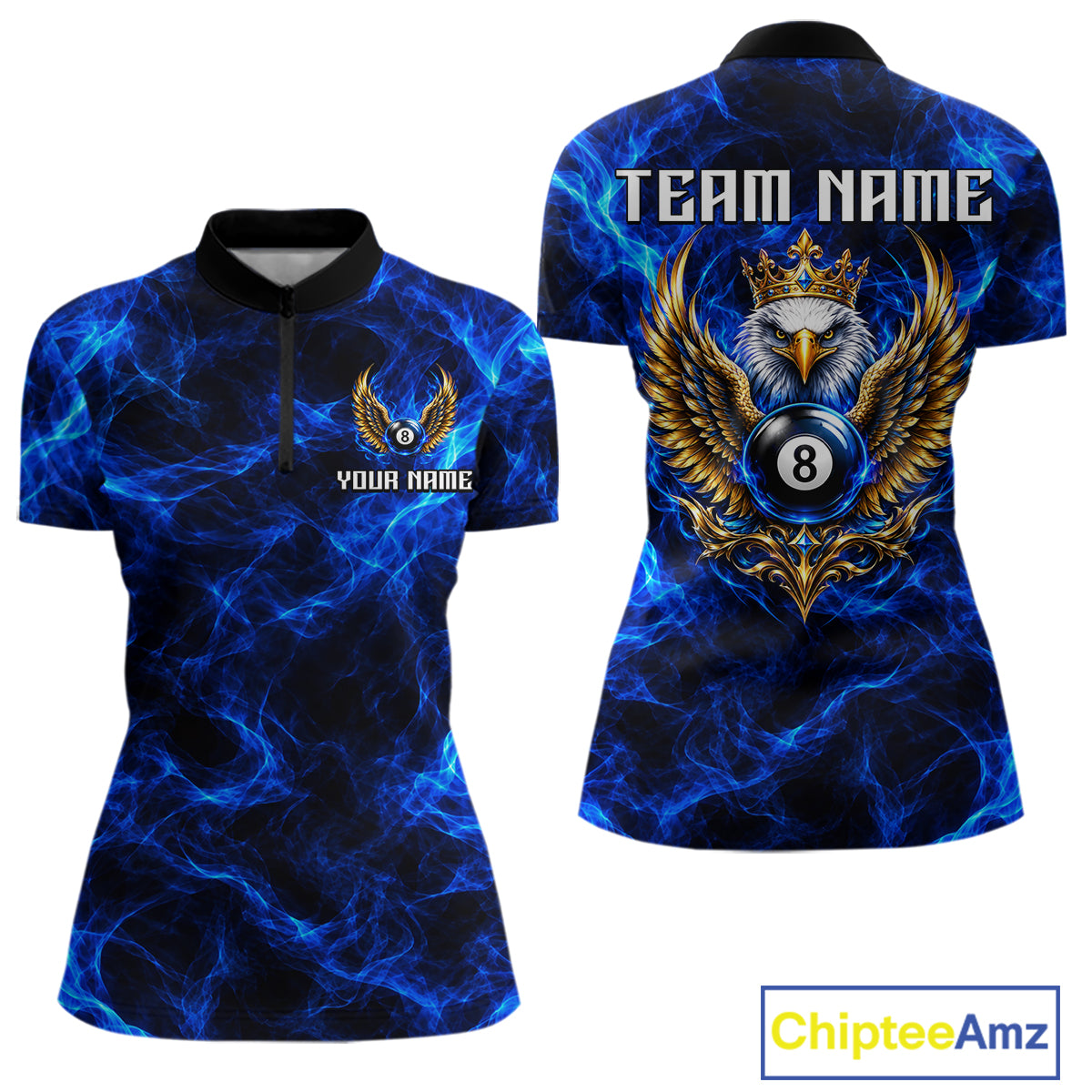 Custom Eagle Wings 8 Ball Billiard Polo 1/4-Zip Shirt For Women Blue Smoke League Billiard Team Apparel NYN4796