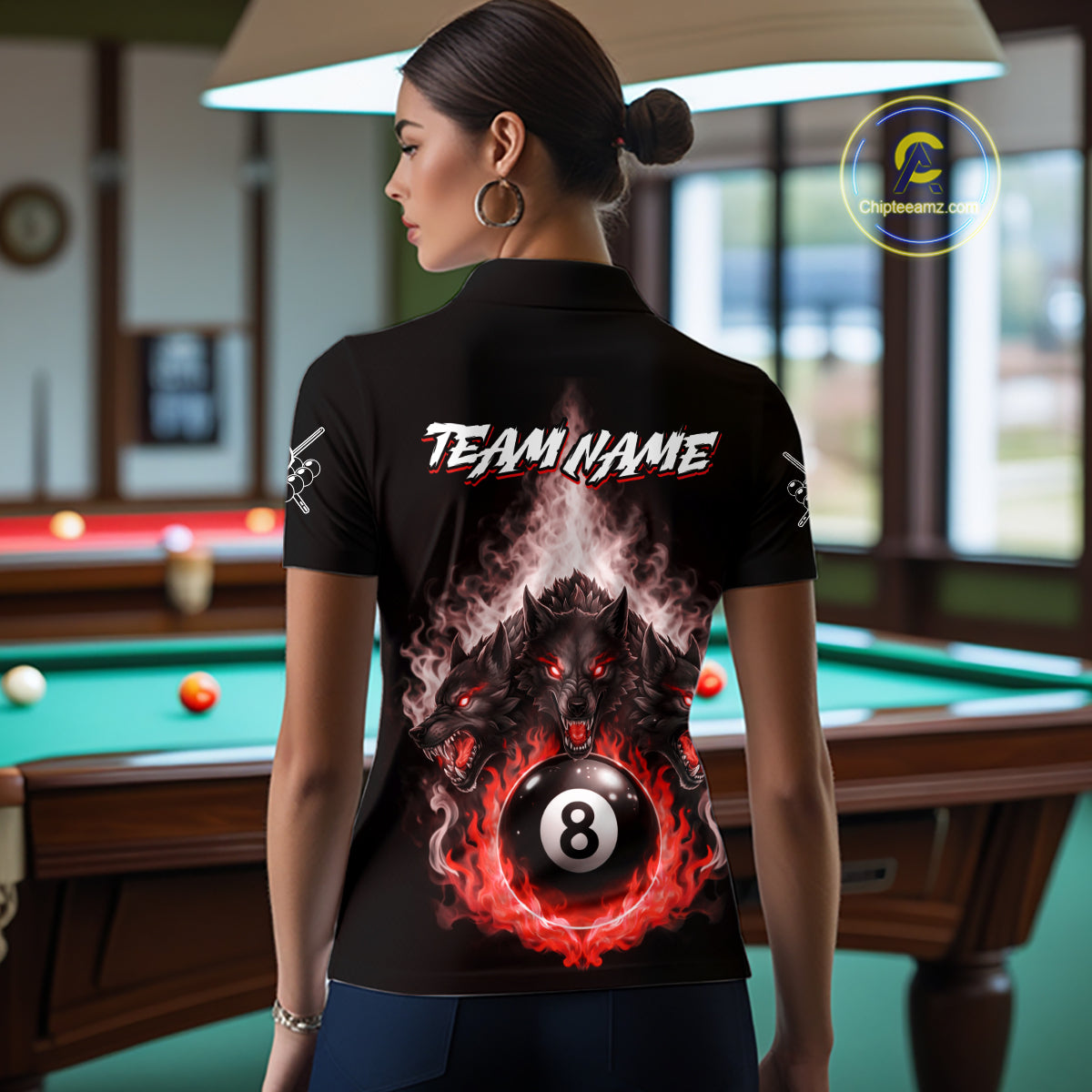Custom Horror Wolfs Black Red Smokes Pool 8 Ball Women's Billiard Team Shirt Billiard Attire NYN2668