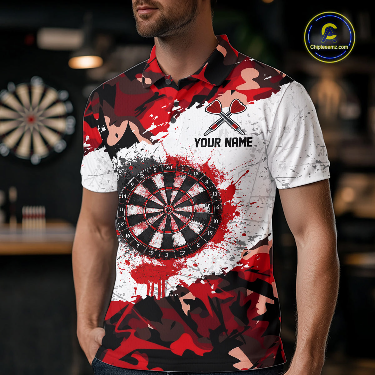 Personalized Red And White Splatter Dartboard Camouflage Darts Shirts For Men Dart Team Jerseys NYN2823