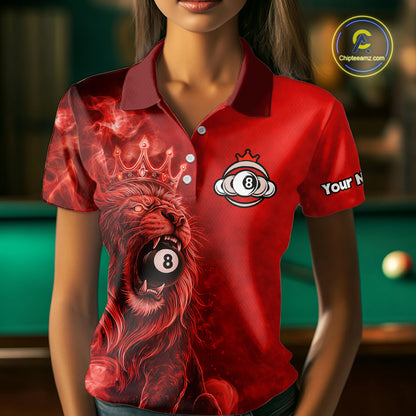 Personalized Red Grunge Smoke Crown Lion 8 Ball Pool Billiard Shirts For Women Billiard Attire Gifts NYN2826