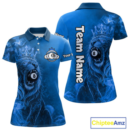 Personalized Blue Grunge Smoke Crown Lion 8 Ball Pool Billiard Shirts For Women Billiard Attire Gifts NYN2827